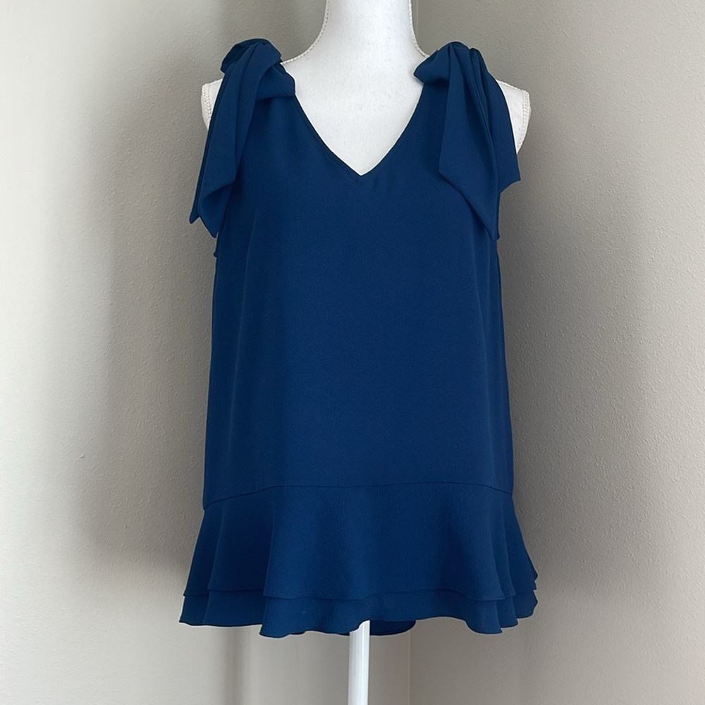 CeCe | Sleeveless Bow Tie Shoulder V-Neck Tank Top | Navy Blue | Medium